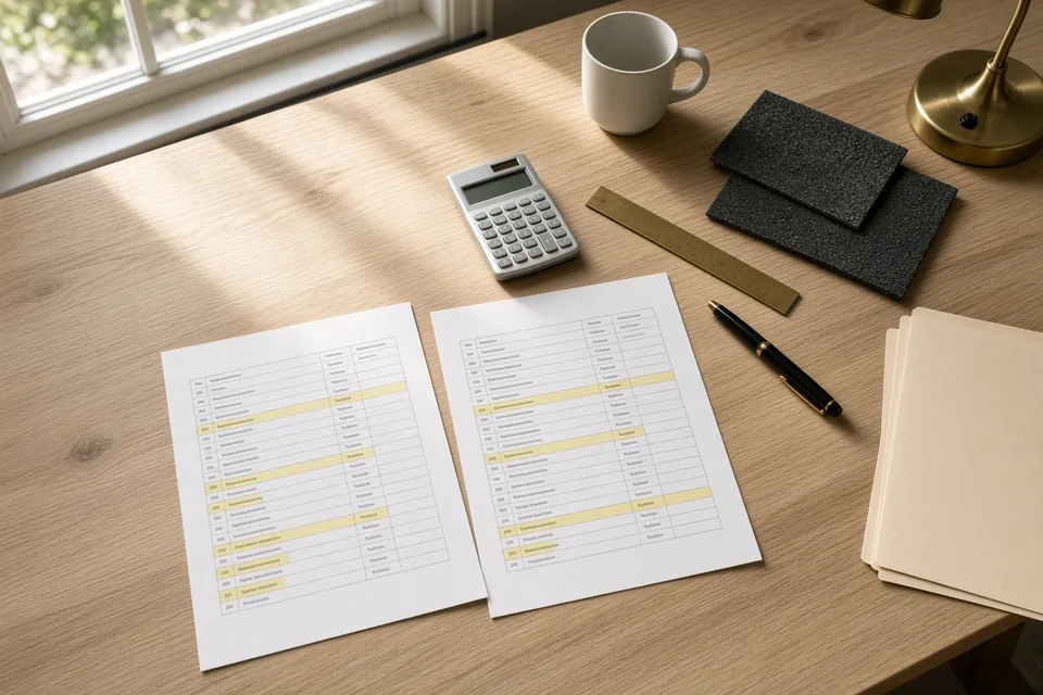 Two construction scope worksheets with highlighted rows next to a calculator and shingle samples.