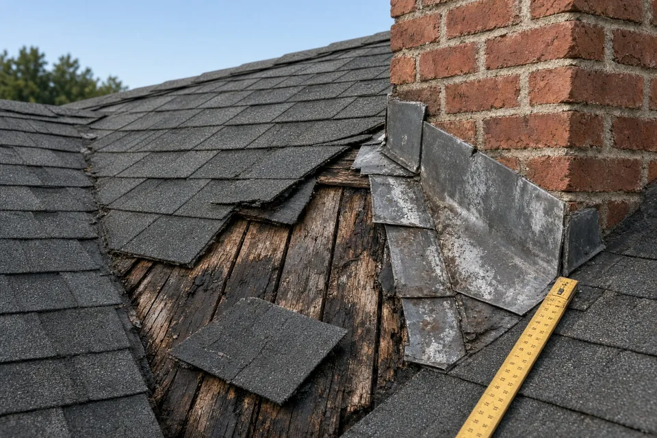 Exposed deteriorated wood roof decking and corroded chimney step flashing next to a folding ruler.