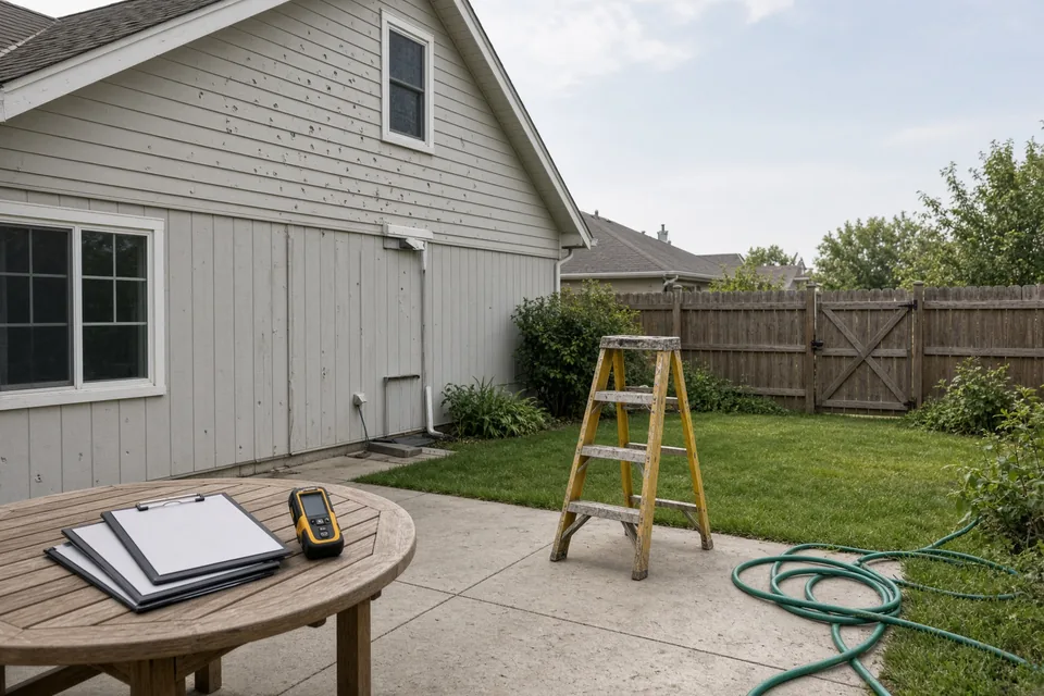Three clipboards and a laser meter on a patio table beside hail-damaged siding and a step ladder.