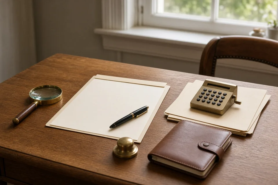 Blank contract folder, pen, and brass calculator on a sunlit wooden desk.