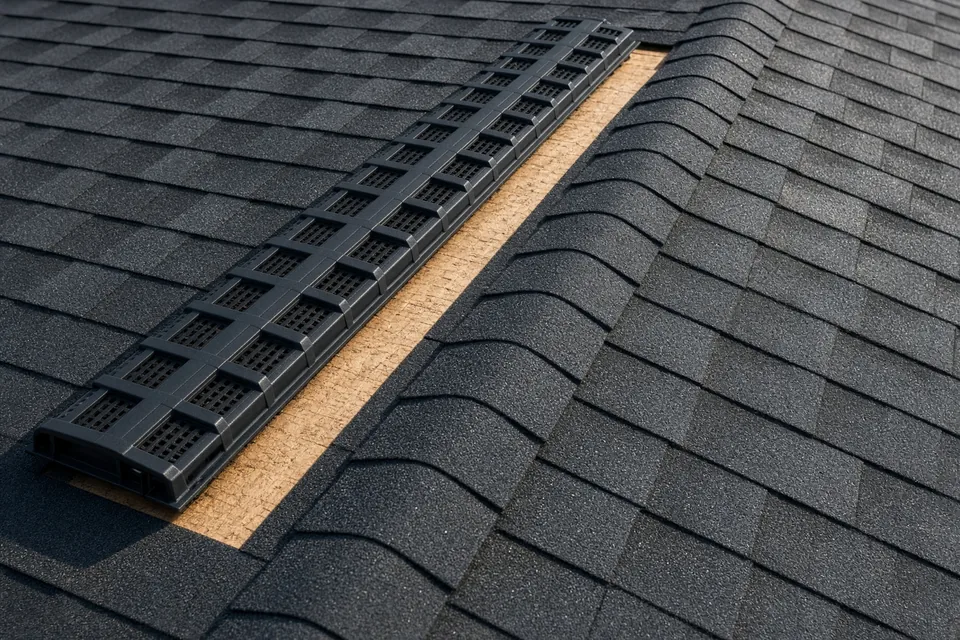 Roof peak cutaway showing a black external-baffle ridge vent over a sheathing slot and ridge cap shingles.