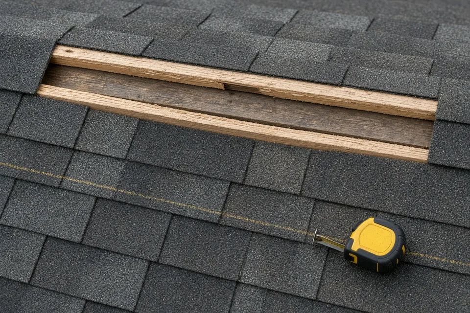 Clean 1.75-inch ventilation slot cut into plywood roof sheathing along both sides of the ridge board.