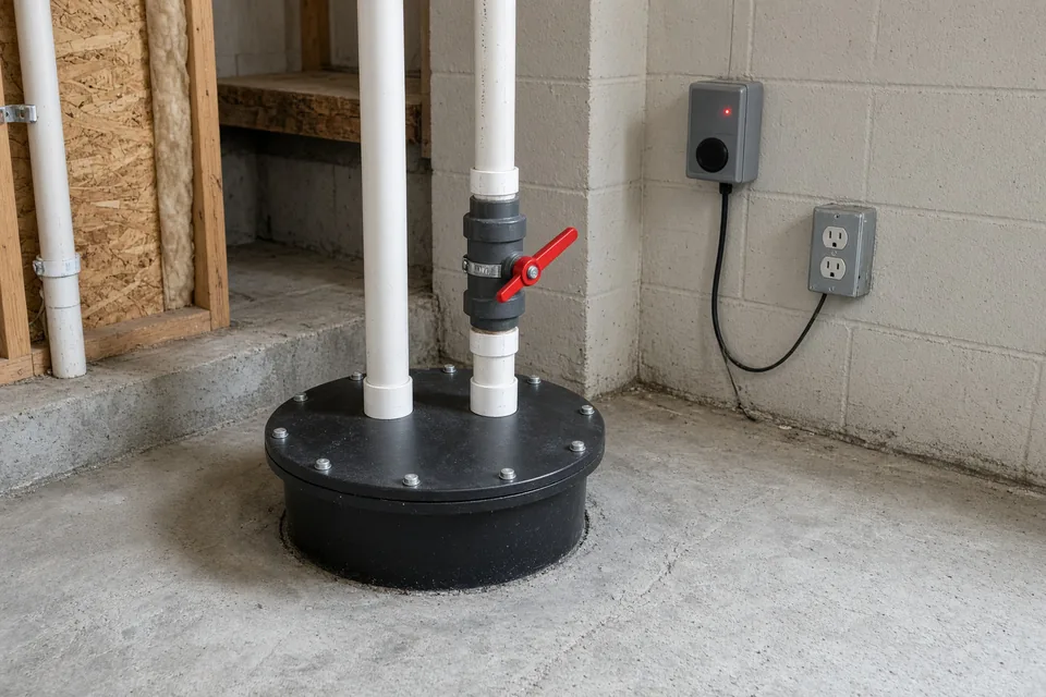 Sealed basement sewage ejector basin with bolted lid, dual 2-inch PVC vent and discharge pipes, and check valve.