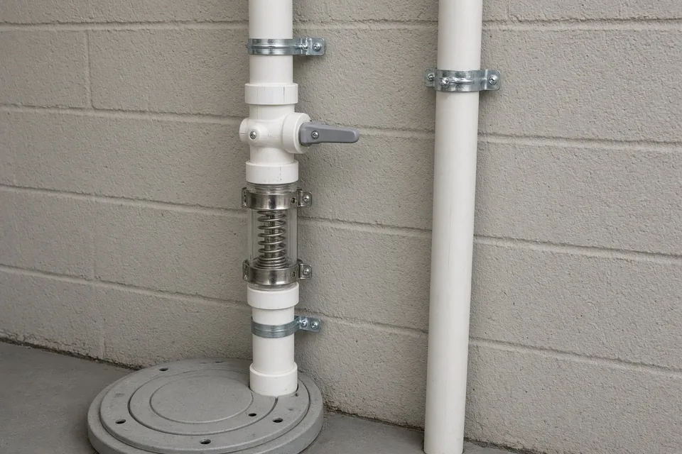 Two-inch PVC sewage discharge pipe showing a quiet check valve below a quarter-turn ball shutoff valve.