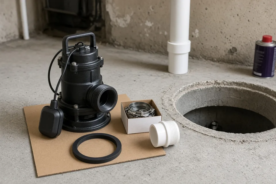 New cast-iron submersible sewage ejector pump with tethered float switch and rubber lid gasket.