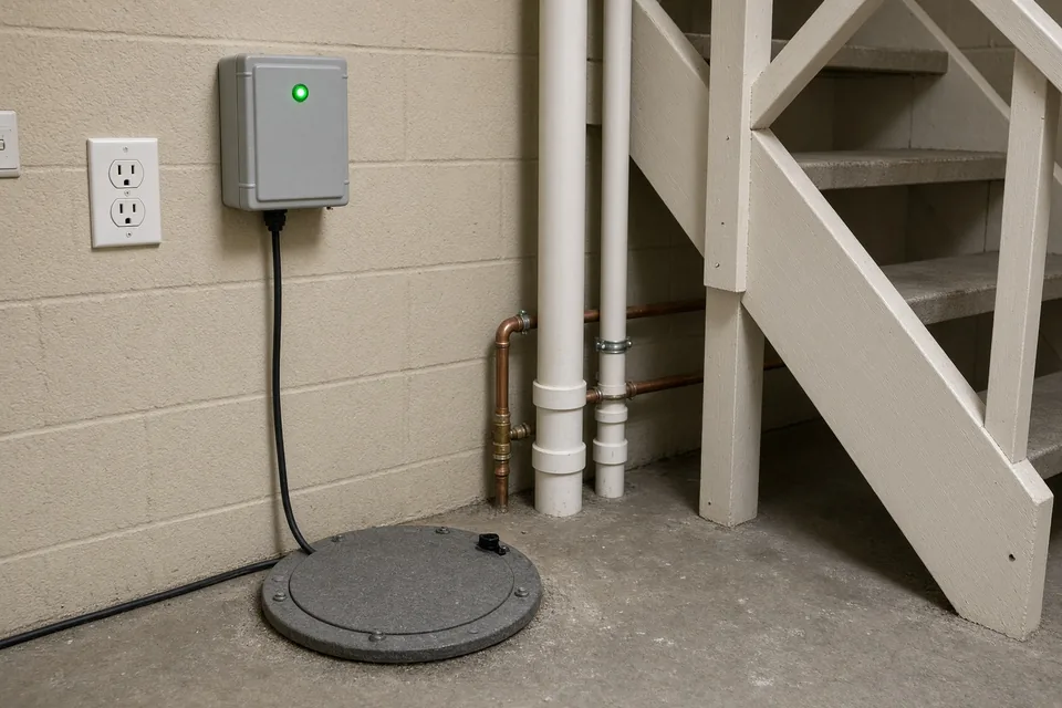 Wall-mounted high-water alarm box and GFCI outlet above a sealed sewage ejector basin.
