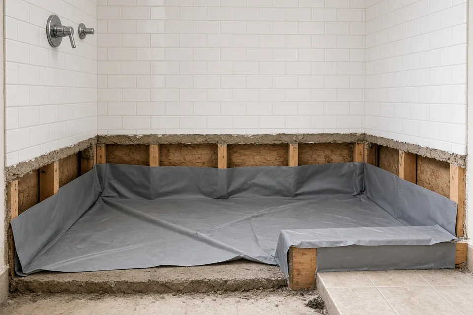 Walk-in shower with bottom two feet of wall tile removed and a new gray PVC waterproof pan liner installed.