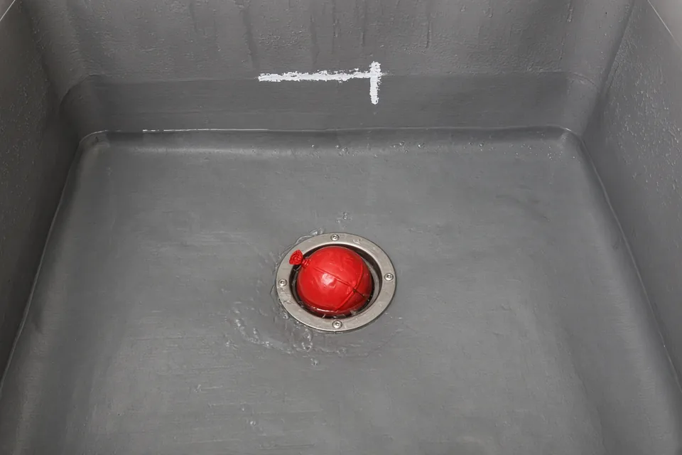 Shower pan liner filled with two inches of water and a red inflatable test plug in the center drain.