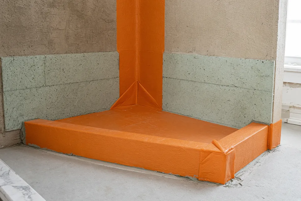 Orange waterproof sheet membrane wrapped seamlessly over a solid shower curb and corner gusset.