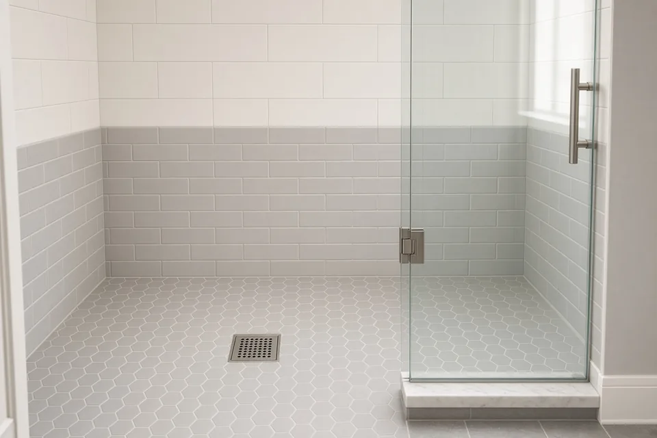 Completed shower pan repair with new hexagon mosaic floor tile, coordinating lower wall tile, and frameless glass door.