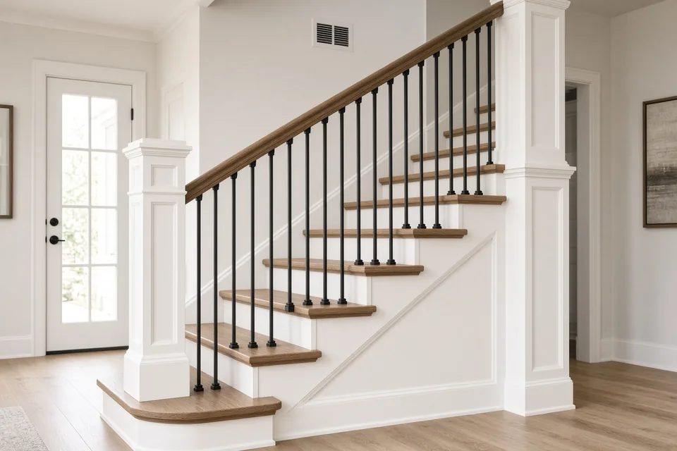Remodeled interior staircase with dark-stained oak handrail, white box newel posts, and black wrought-iron balusters.