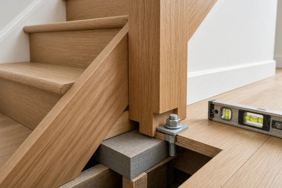 Base of a solid oak stair newel post being anchored into the floor framing with a structural lag bolt and level.