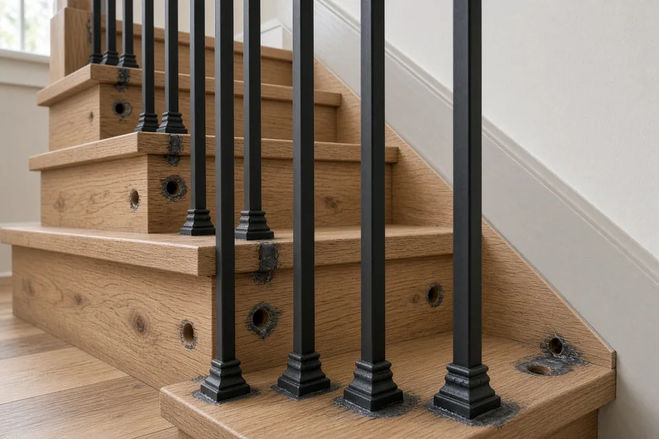 Matte-black square wrought-iron balusters with base shoes set into oak stair treads at code-compliant spacing.
