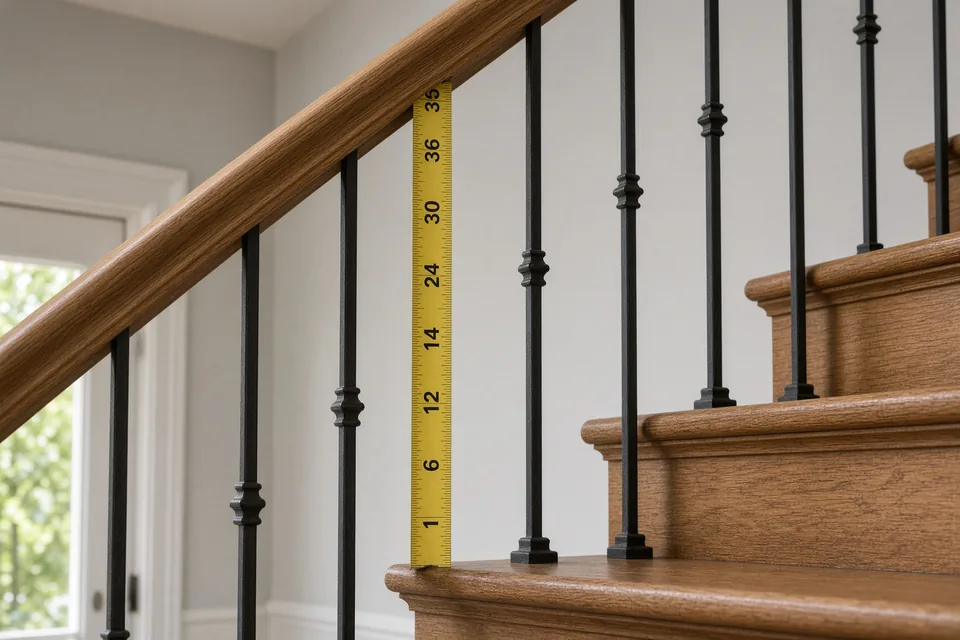 Tape measure reading 36 inches vertically from the stair tread nosing to the top of the oak handrail.