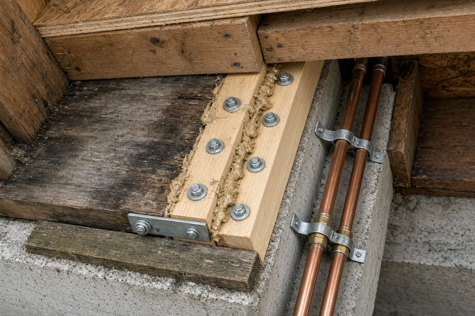 New 2x10 sister joist bolted with structural screws alongside a water-damaged floor joist.