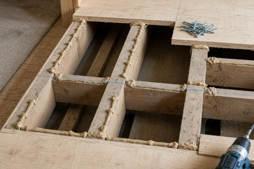 Continuous bead of subfloor construction adhesive applied across floor joists and perimeter blocking.