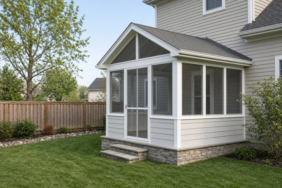 Attached 200-square-foot three-season gable sunroom with white frames, knee wall, and sliding glass windows.