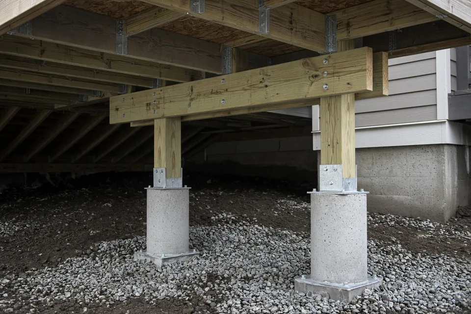 New concrete frost piers and 6x6 wood posts installed under an existing deck beam for a sunroom load.