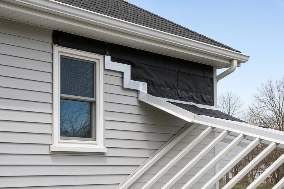 Waterproof ice barrier and aluminum flashing where a new sunroom roof ties into a house wall.