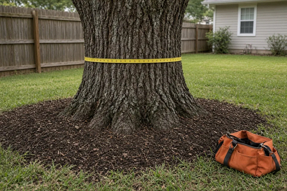 Measuring tape wrapped around a large oak trunk at 4.5 feet chest height to check diameter.
