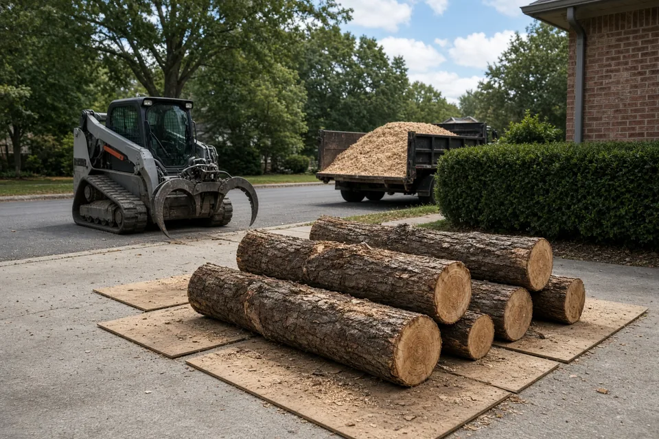 Cut hardwood trunk logs stacked on plywood mats on a driveway beside a mini log grapple.