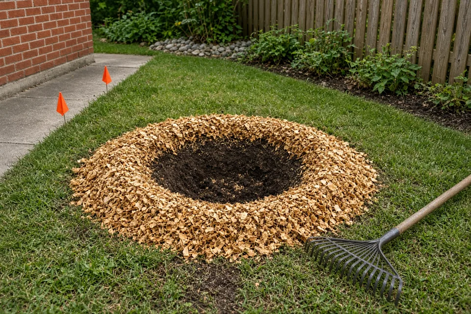 Freshly ground tree stump mulched below lawn level with utility locate flags nearby.