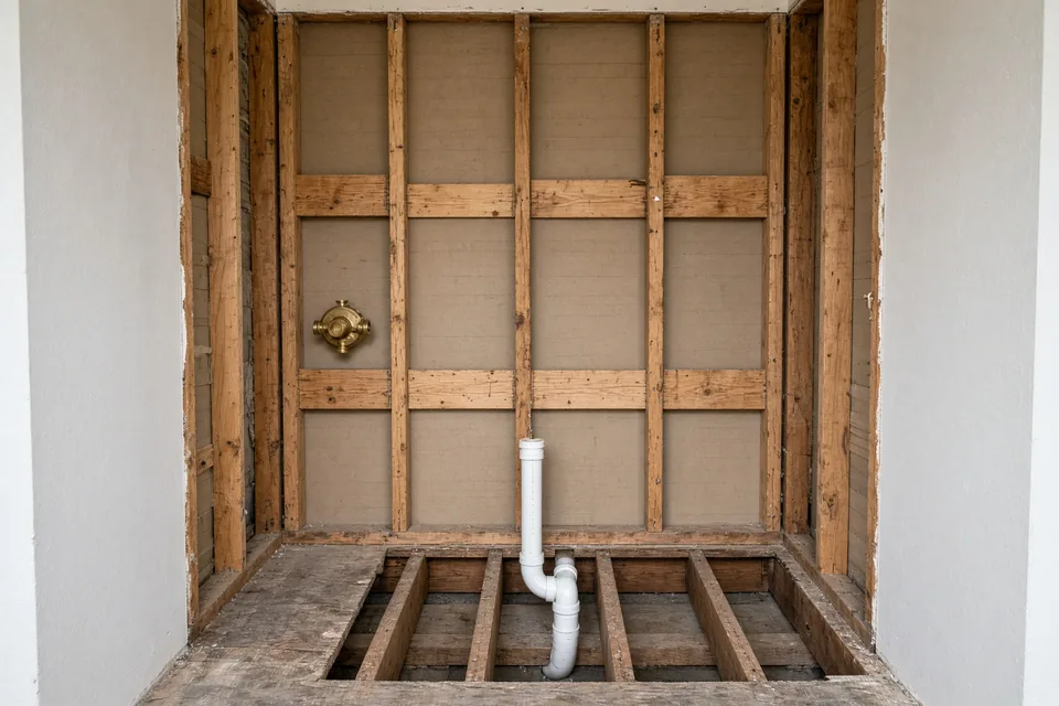 Stripped bathroom alcove showing bare studs, new brass mixing valve, and 2-inch center PVC drain in subfloor.