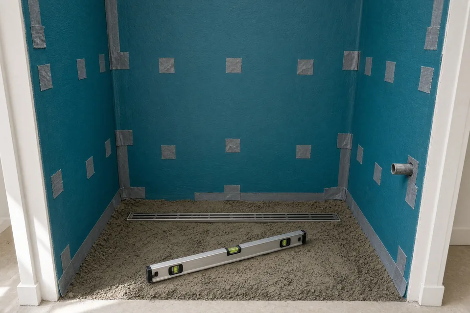 Shower alcove coated in continuous teal waterproofing membrane above a sloped mortar bed with linear drain.