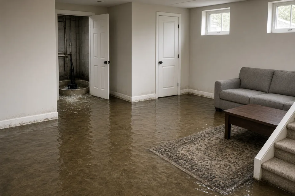 Finished basement with shallow water across vinyl plank floors and an overflowing utility room sump basin.