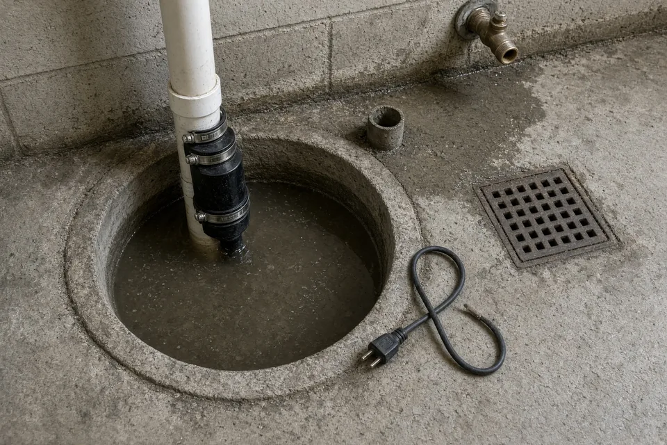 Basement sump basin filled to the rim with murky water and PVC discharge pipe with rubber check valve.