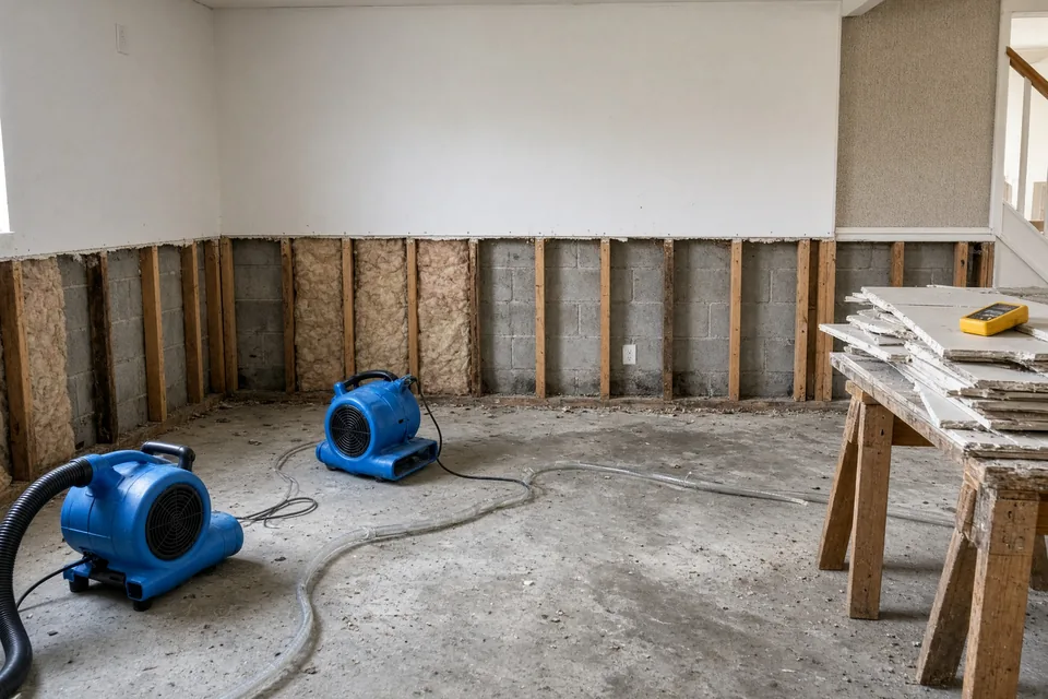 Basement room with lower 24 inches of drywall removed and unbranded air movers drying the concrete slab.