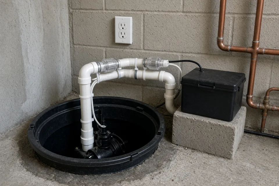 Newly installed dual-pipe sump pump and battery backup enclosure in a clean concrete basement floor.