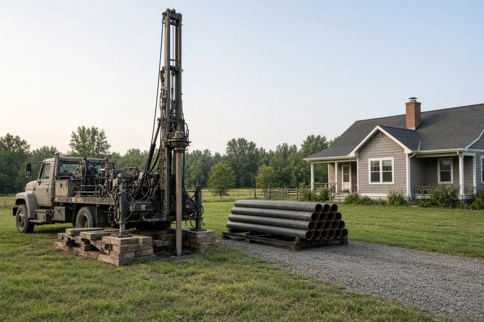 Rotary water well drilling rig set up on timber pads in a residential yard near a house.