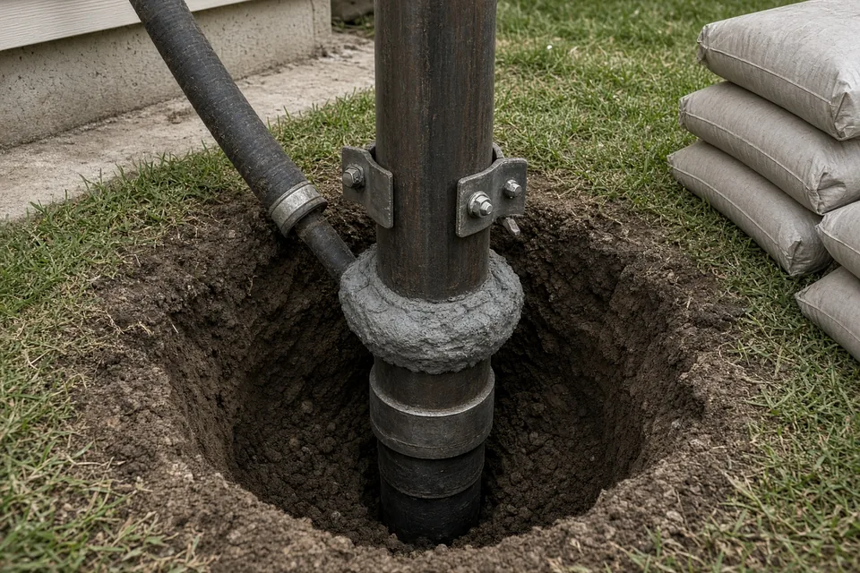 Six-inch steel well casing extending into the ground surrounded by a bentonite sanitary grout seal.