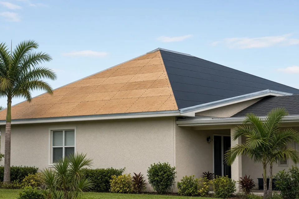 Coastal hip-roof home showing bare plywood deck re-nailing and black peel-and-stick SWR membrane.