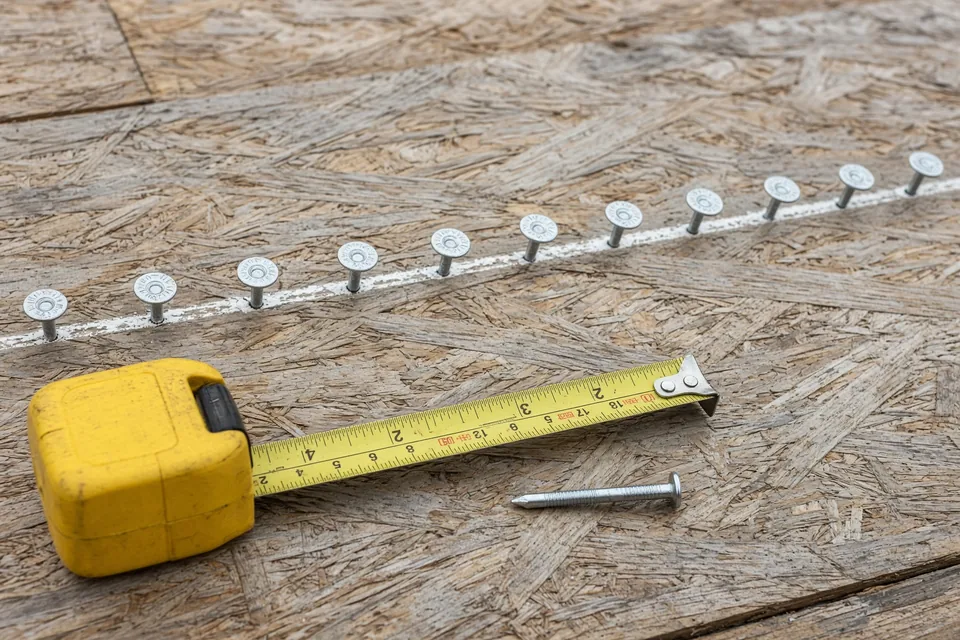 Row of 8d ring-shank nails spaced 6 inches apart on plywood roof decking next to a tape measure.