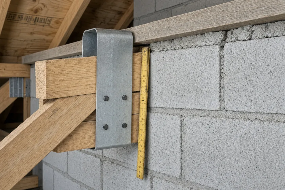 Galvanized steel hurricane strap wrapping an attic roof truss to the wall plate with four nails.