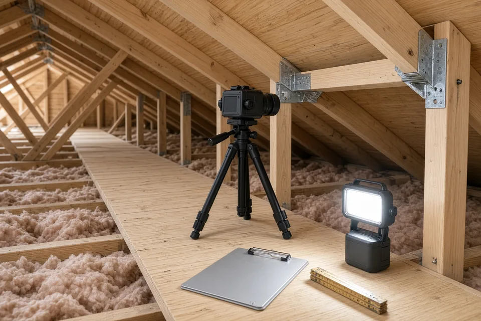 Digital camera and work light in a residential attic documenting hurricane clips for an inspection.
