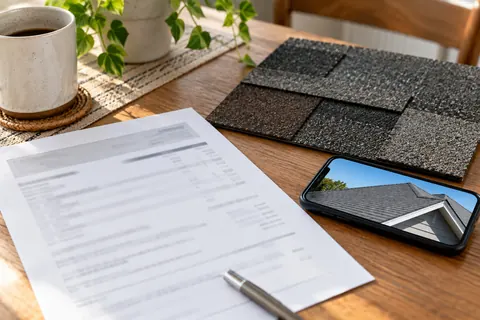 Desk with a policy document, calculator and a phone photo of a roof.
