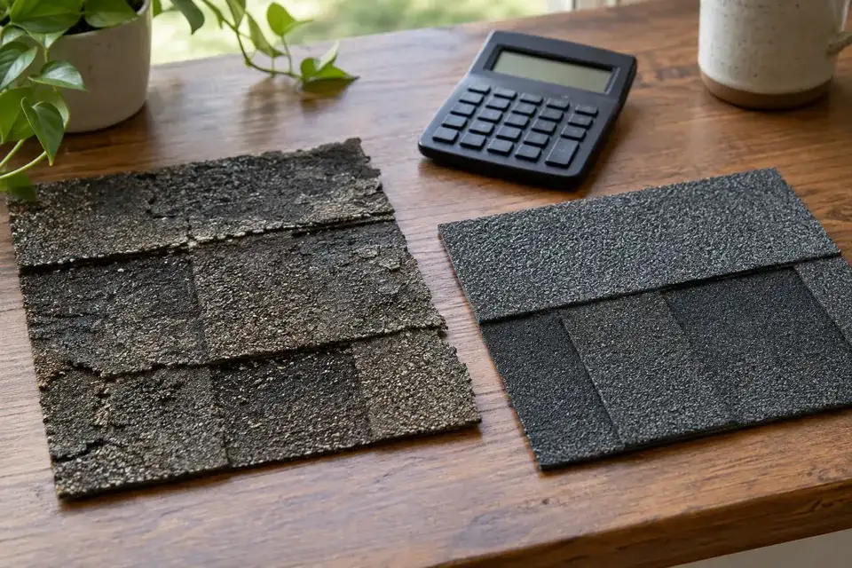 Architectural shingle samples beside a calculator for checking material grade and depreciation.
