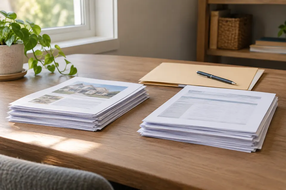 Policy declarations folder and contractor estimate stacked side by side for claim comparison.