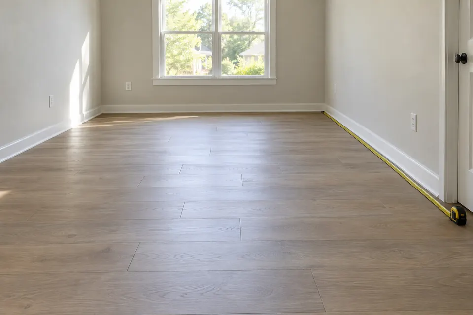 Measuring room length and width along the baseboard before calculating flooring square footage.