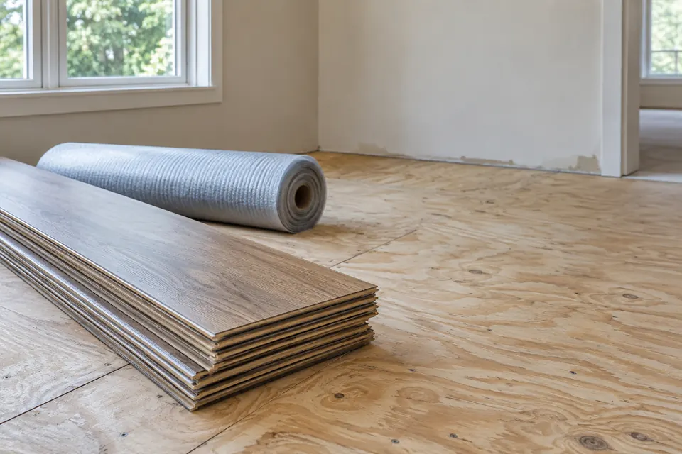 Stacked planks and foam underlayment roll staged over an exposed OSB subfloor.