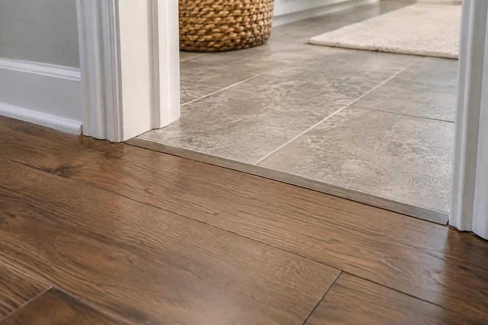 Doorway threshold transition where new wood-look plank flooring meets hall tile.