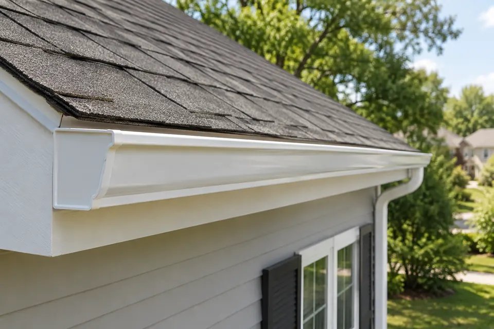 Seamless K-style aluminum gutter run mounted along the fascia board under the roof drip edge.