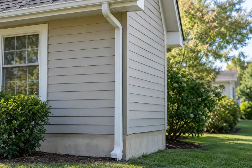 Aluminum downspout routed cleanly down the exterior corner trim to a ground extension.