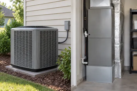 Outdoor air conditioner condenser on a concrete pad.