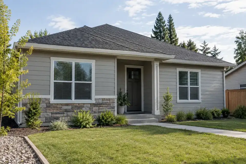 Single-family house exterior showing roof, windows and wall envelope that drive cooling load.