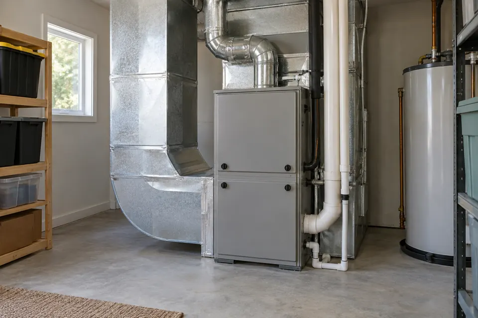 Indoor gas furnace, supply plenum ductwork and utility connections in a mechanical room.
