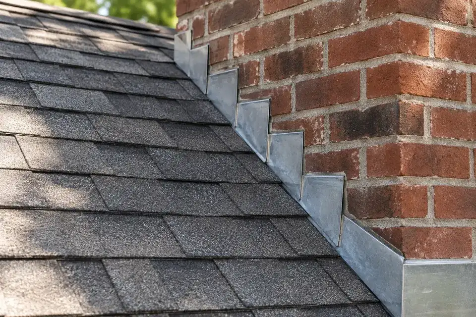 Metal step flashing and counter-flashing along a brick chimney and roof slope.